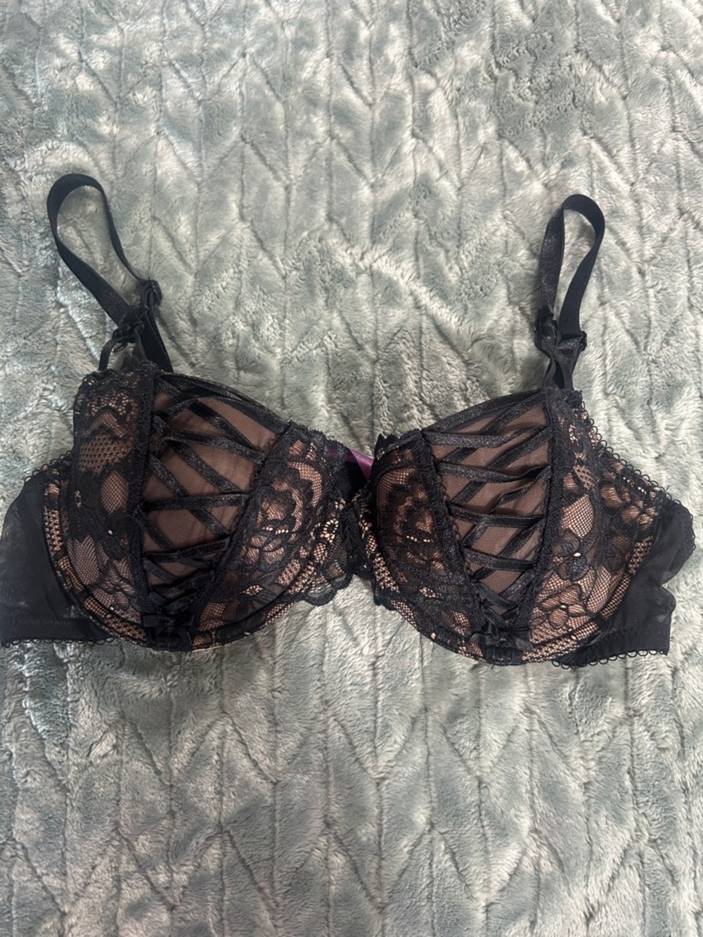 Adore Me Black Lace Underwire Bra with Cage Front